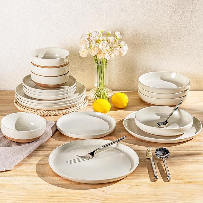 AmorArc Ceramic Dinnerware Sets with Pasta Bowls for 8 Handpainted Plates and Bowls Set with Rustic Terracotta Underside Scratch Resistant Dishes Set Dishwasher &amp Microwave Safe 32 Pcs