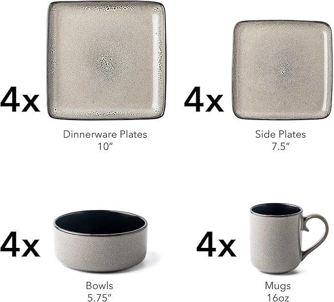 FLACKAR Square Stoneware 16pc Dinnerware Set for 4 Dinner Plates Side Plates Cereal Bowls Mugs - Reactive Glaze Grey (477653)