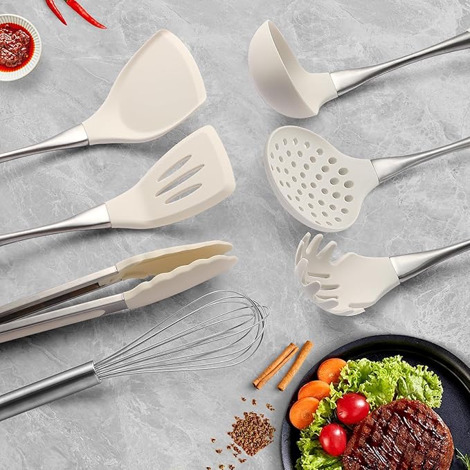 Premium White Silicone Cooking Utensils Set-Non-Toxic Heat Resistant BPA Free Kitchen Utensils Set with Spatula Spoon Whisk &amp Tongs-Non-Stick&amp Dishwasher Safe for Nonstick Cookware