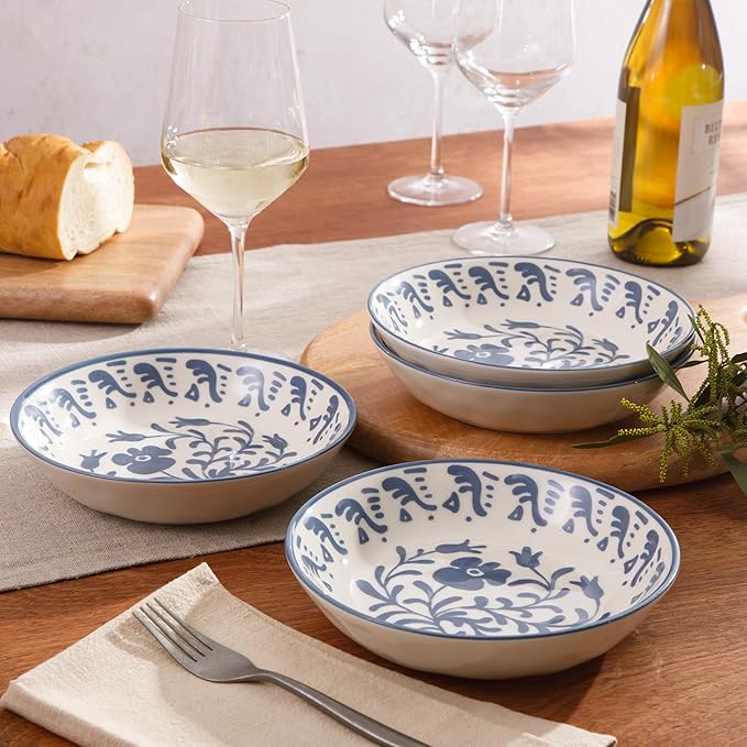 Bloomhouse - 2-Time Oprah’s Favorite Things - Valencia Flor 4 Piece Dinner Bowl Set 8” Stoneware Pasta Bowls Mediterranean Floral Decal Design Microwave &amp Dishwasher Safe Iris Blue