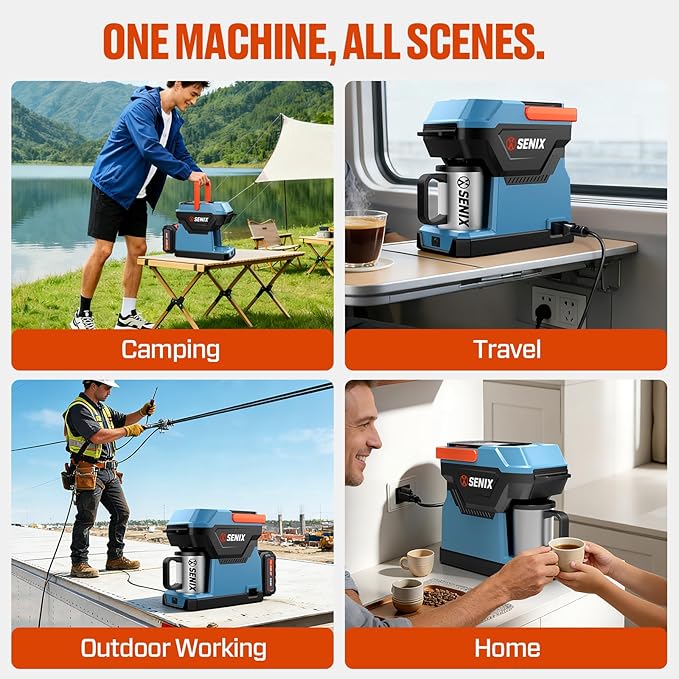 SENIX Portable Coffee Maker with 5000mAh Battery Dual AC/DC Electric Coffee Machine for Car/RV/Camping Cordless Outdoor Travel Brewer Compatible with Ground &amp ESE Pods Included Cup