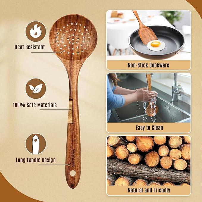 Wooden Spoons for Cooking Wooden Utensils for Cooking Natural Teak Wooden Kitchen Utensils Set Comfort Grip (7 PCS SET)