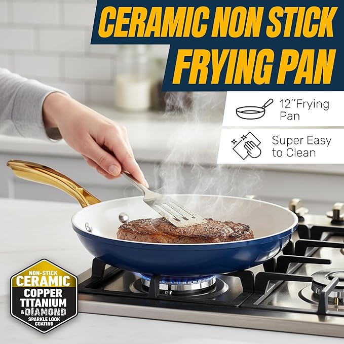 Gotham Steel 15 Pc Ceramic Pots and Pans Set Non Stick Kitchen Cookware Sets Pot and Pan Set Ceramic Cookware Set Non Toxic Cookware Set Non Stick Pots and Pan Set Dishwasher Safe - Navy