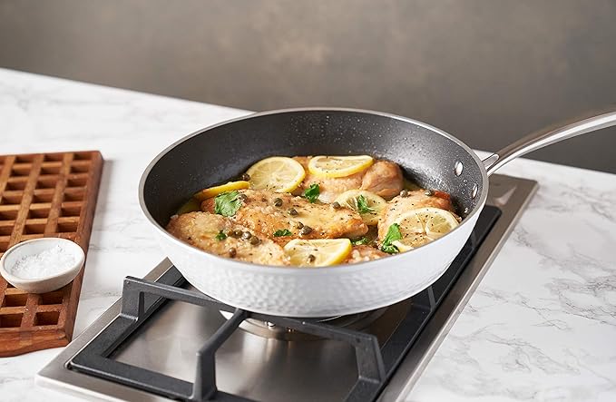 Luxurious Non-Stick Ceramic 12 Inch White Hammered Pan with Lid Lightweight Scratch-Resistant Dishwasher Safe Oven Safe up to 500°F Suitable for All Stove Types