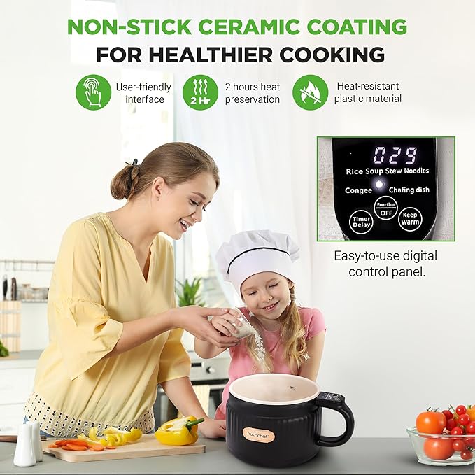 NutriChef 1.6 QT Portable Electric Rice Cooker &amp Lunch Maker | Multi-Functional &amp Non-Stick Ceramic Coating | Digital Control Panel | 6 Cook Functions: Rice Soup Stew Porridge &amp More |