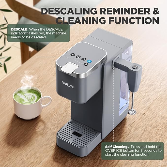 Single Serve Coffee Maker with Built-in Detachable Milk Frother Iced and Hot Coffee Machine for K Cup &amp Grounds 40oz Removable Water Reservoir 6 Cup Sizes Fits 7.3 Travel Mug Gray