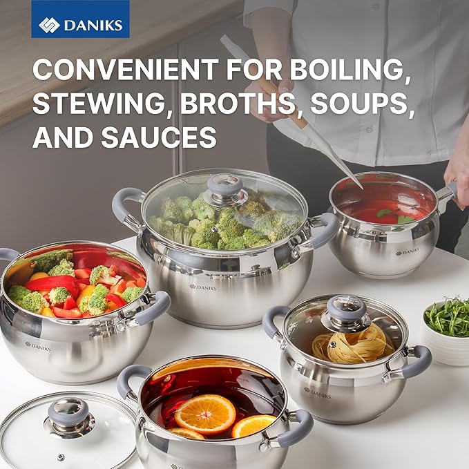 Daniks Modern 10-Piece Stainless Steel Cookware Set with Glass Lids Includes Saucepan Tri-Ply Bases for Even Heating Induction Compatible Dishwasher Safe Heatproof Handles