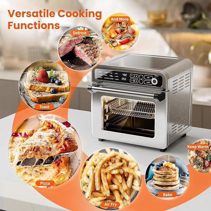 18QT Air Fryer Toaster Oven Combo12-in-1 Large Convection Airfryer Oven with 70–450℉ Temperature Control &amp 60-Minute TimerRoast &amp Broil Fits 8-10″ PizzaStainless Steel (Silver)