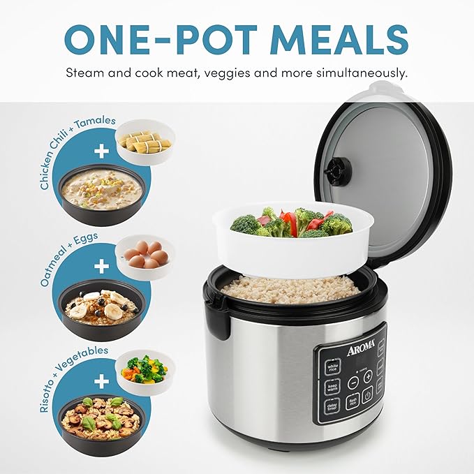 Aroma Housewares 20 Cup Cooked (10 cup uncooked) Digital Rice Cooker Slow Cooker Food Steamer SS Exterior (ARC-150SB)Black