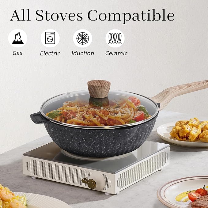 Pots and Pans Set Non Stick 17Pcs Kitchen Cookware Sets Granite Stone Induction Cookware Non Stick Cooking Set w/Frying Pans Saucepans Sauté Pan (PFOA Free) Black
