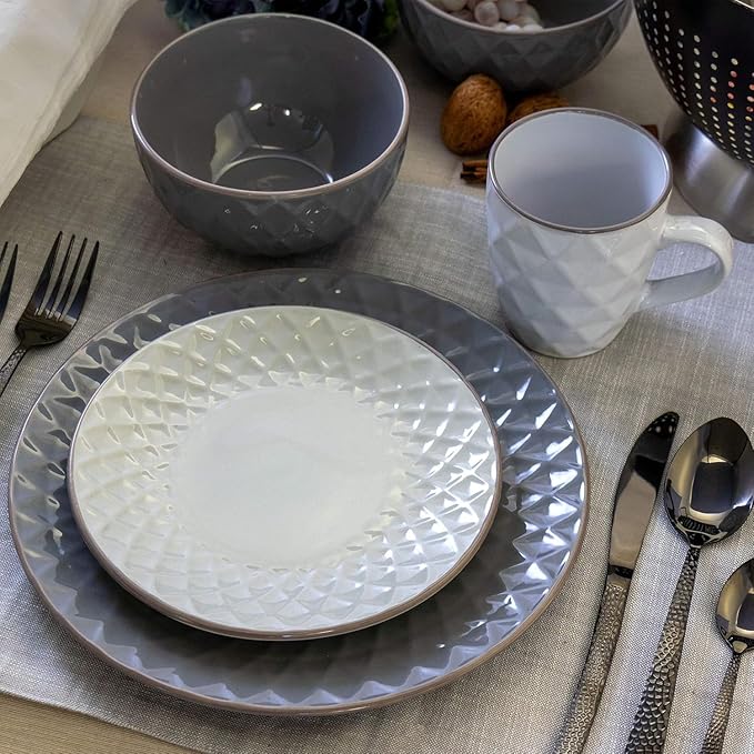Luxurious 16 Piece Pearl Dinnerware Set - Stoneware Service for 4 Elegant Slate &amp Stone Finish Dishwasher &amp Microwave Safe Diamond Texture (Slate &amp Pearl)