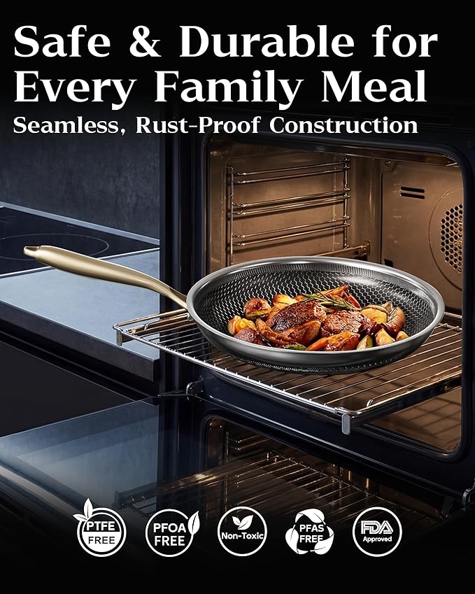 Honeycomb Stainless Steel Nonstick Frying Pan with Lid 8 Inch Induction Cooktop Compatible Skillet PFOA-Free Scratch-Proof Dishwasher &amp Oven Safe Stay-Cool Handle Gold Kitchen Cookware
