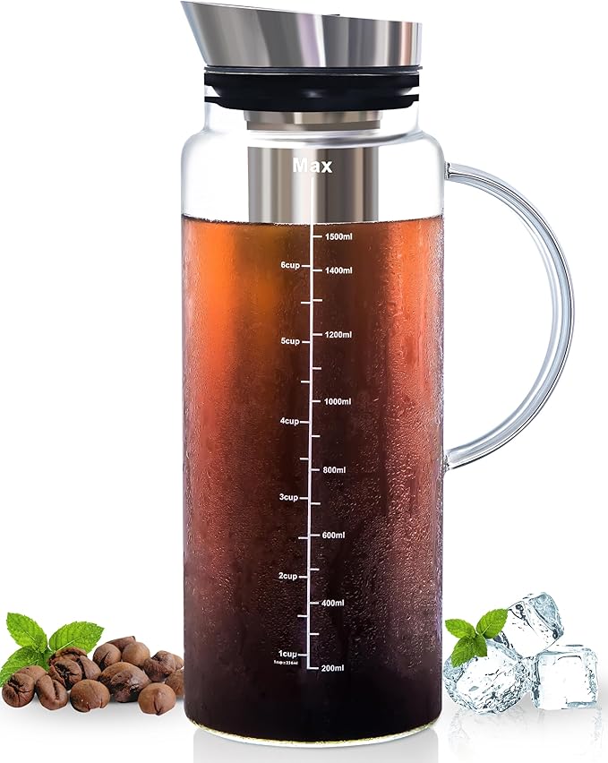 Aquach Cold Brew Coffee Iced Tea Maker &amp Fruit Pitcher - Large Capacity 51 Ounces - with Durable Glass Carafe/Fine Mesh Steel Infuser/Airtight Lid