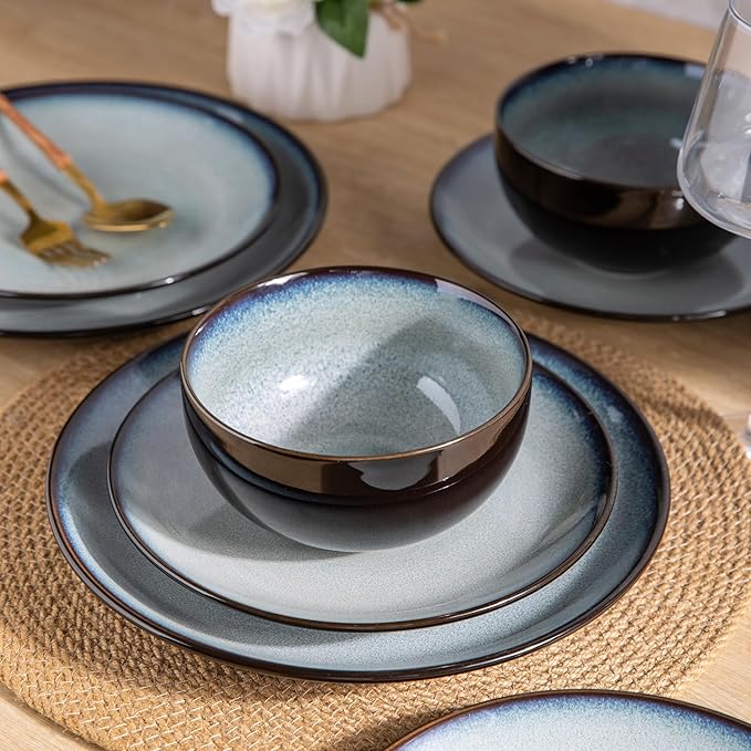 LERATIO Ceramic Dinnerware Sets for 12 36 Pieces Plates and Bowls Sets Dishwasher&ampMicrowave Safe&ampOven Safe-Service for 12-36pcs-Dreamy Moonlight-Gray White