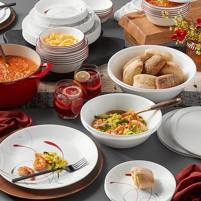 Triple-Layer Glass Dinnerware Sets 12-Piece: Dark Red Hairline Pattern 4-Person Plates and Bowls Set Durable &amp Stackable Dishwasher &amp Oven Safe