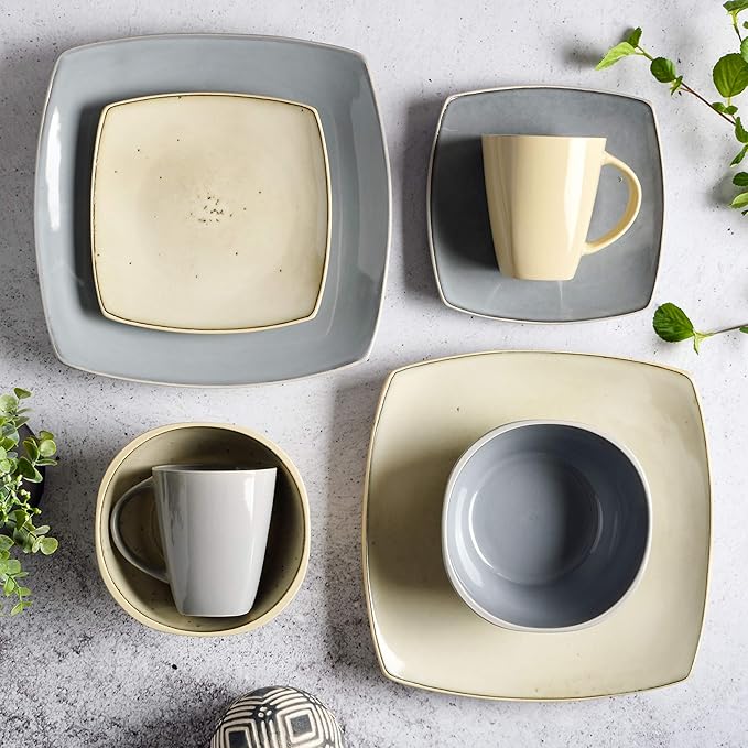 Gibson Elite Soho Lounge Square Reactive Glaze Stoneware Dinnerware Set Service for 4 (16pc) Light Gray