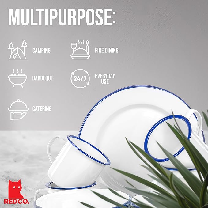 Red Co. 16-Piece Enamelware Metal Dinnerware Set for 4 Solid White/Navy Blue Rim