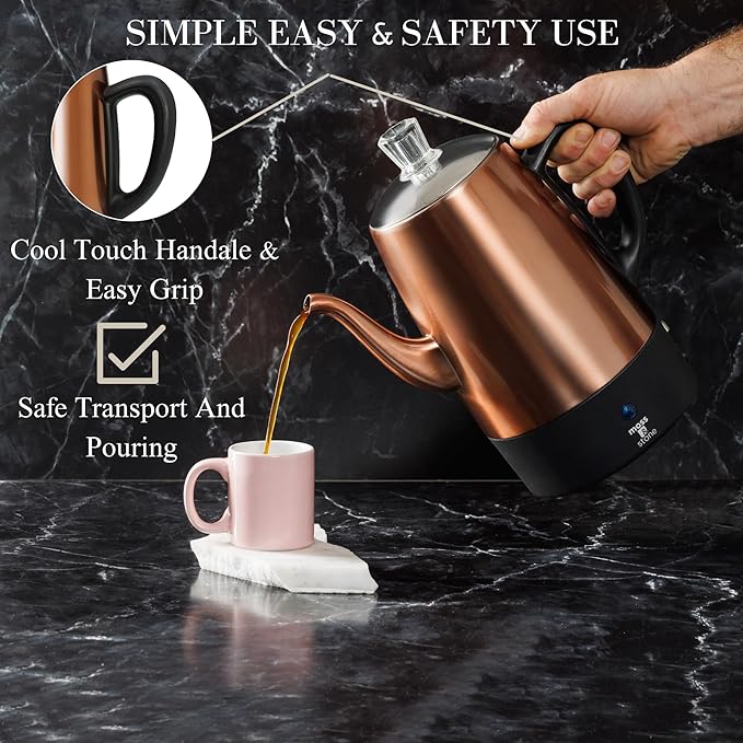 Moss &amp Stone 10 Cup Copper Percolator Coffee Pot Electric Stainless Steel Coffee Percolator Electric With Keep Warm Function Classic Perculator Pot With Removable Basket for Home or Office