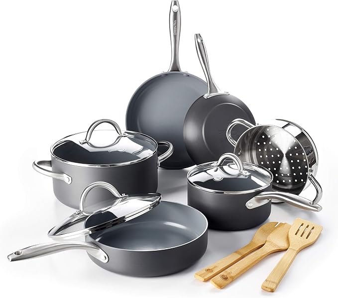 GreenPan Lima Healthy Ceramic Nonstick Cookware Pots and Pans Set 12 Piece Gray &amp Lima 1QT and 2QT Ceramic Non-Stick Saucepan Set Gray -