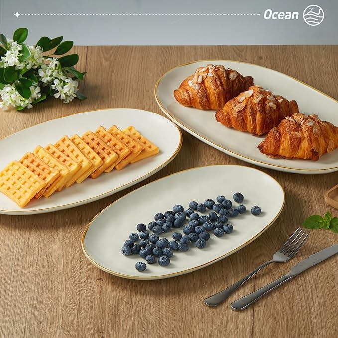 Famiware Mars Plates and Bowls Sets + 3 Pcs Ocean Oval Serving Platter 15-Piece Dinnerware Sets for 4 White
