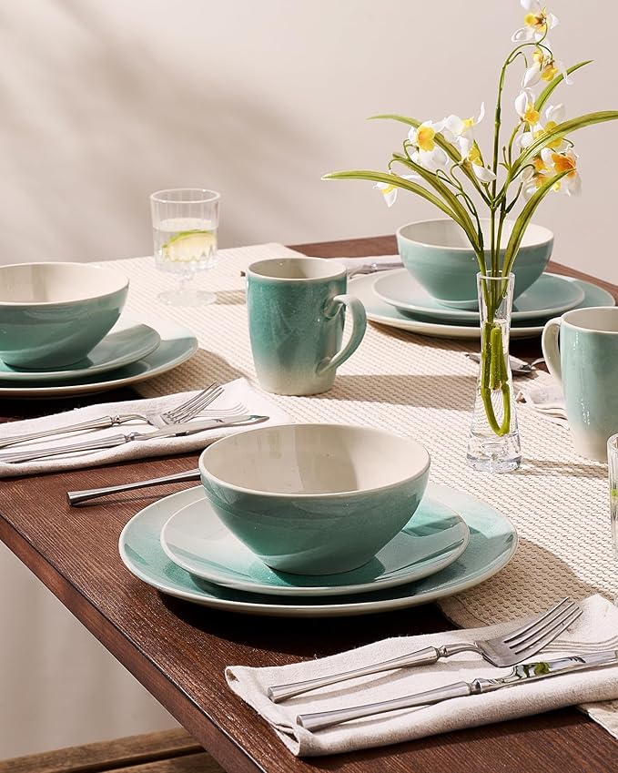 Famiware Glacier Dinnerware Sets Plates and Bowls Dish Sets for 8 (24 Pieces) Stoneware Tableware - Dishwasher and Microwave Safe Handcrafted Reactive Glaze Aqua