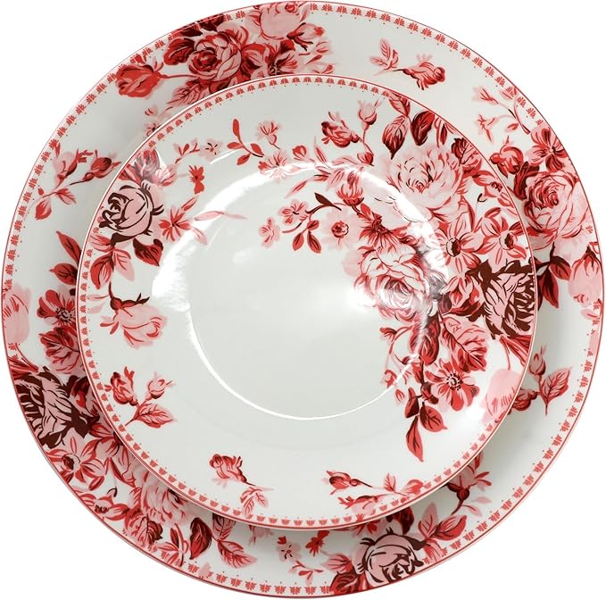 Traditional Purple Rose 16 Piece Stoneware Dinnerware Set – Floral Dinnerware Set for 4 Durable Microwave and Dishwasher Safe Plates Bowls and Mugs (Red Rose)