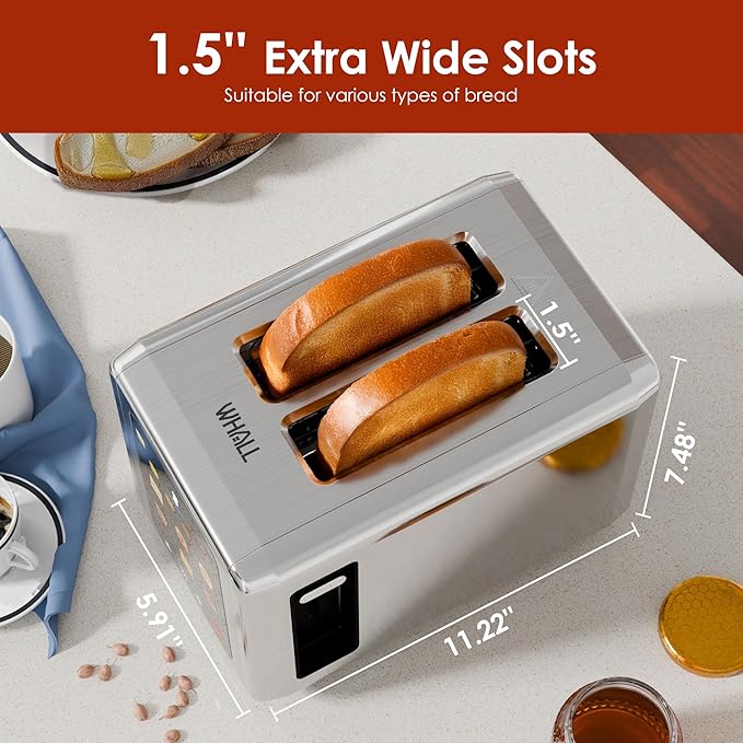 WHALL Full Touch Screen Toaster 2 Slice 1.5'' Wide Slot Stainless Steel Toaster with Digital Timer 6 Bread Types &amp 6 Shade Settings Crumb Tray Reheat/Defrost Smart Toasters for Bagels Silver