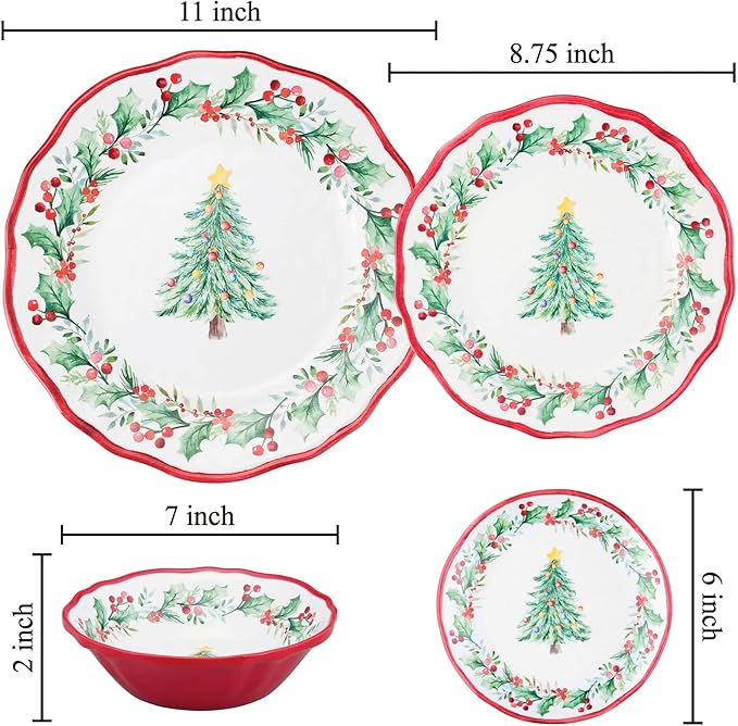UPware 16 Piece Christmas Tree Melamine Dinnerware Sets Outdoor Dishes Set Plates and Bowls Sets Christmas Decorations Service for 4 Red