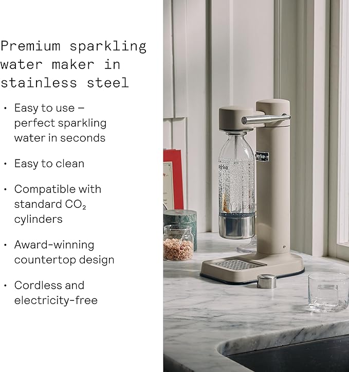 Aarke Carbonator lll Sparkling &amp Carbonation Water Machine Stainless Steel with PET BPA-Free Reusable Bottle Volume 1L/34 fl oz (Sand)