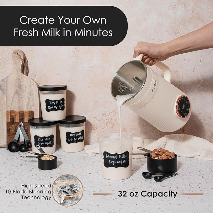 All-In-One Bundle Nut Milk Maker Machine – Includes 4 Storage Bottles Labels &amp Measuring Set 32oz Capacity 8 in 1 Function Soy Milk Maker Machine Automatic Stainless Steel Almond Nut Oat Rice