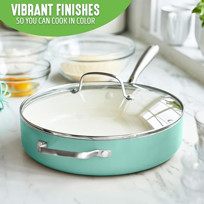 GreenLife Artisan Healthy Ceramic Nonstick 5QT Saute Pan Jumbo Cooker with Helper Handle and Lid Stainless Steel Handle Induction PFAS-Free Dishwasher Safe Oven Safe Turquoise