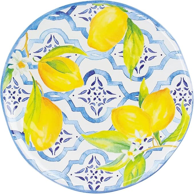 UPware 12 Piece Lovely Lemons Melamine Dinnerware Sets Outdoor Dishes Set Plates and Bowls Sets Service for 4 Blue Yellow