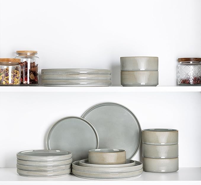 TheTerra Ceramic Dinnerware Sets for 6 18 Pieces Porcelain Lightweight Plates and Bowls Sets Scratch Resistant Dish Set Oven &amp Microwave &amp Dishwasher Safe Desert Sage
