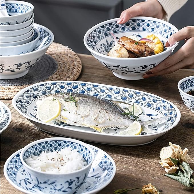 Dinner Set for Luxury Restaurant and Home Ceramics Dinner Sets Blue and White Porcelain Dinnerware Set of 45 | Simplicity Cereal Bowl and Steak Plate Set