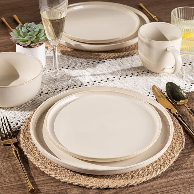 GBHOME Dinnerware Sets for 4 12 Pieces Stoneware Plates and Bowls Sets Scratch Resistant Dishes Dishwasher &amp Microwave Safe Reactive Glaze-Vanilla color