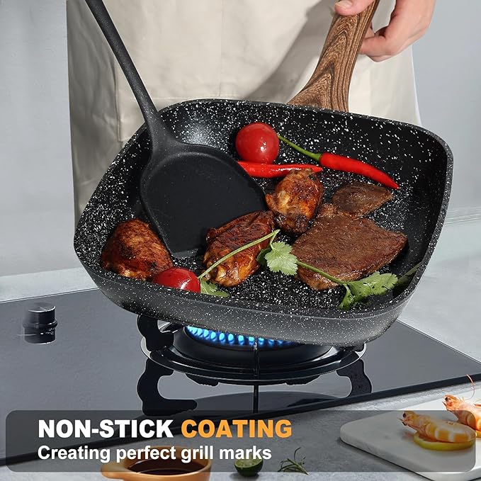 DUMOS 3 Pcs Grill Pans Set Nonstick Square Frying Pan Skillet Set with Stay Cool Handle &amp PFOA Free Compatible with All Stovetops (9.5 10 11) Light Black