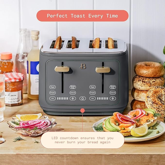Toaster with Touch Activated Display by Drew BarrymoreExtra-Wide Slots 7 Settings Reheat Functions LED Countdown Timer (Oyster Gray)