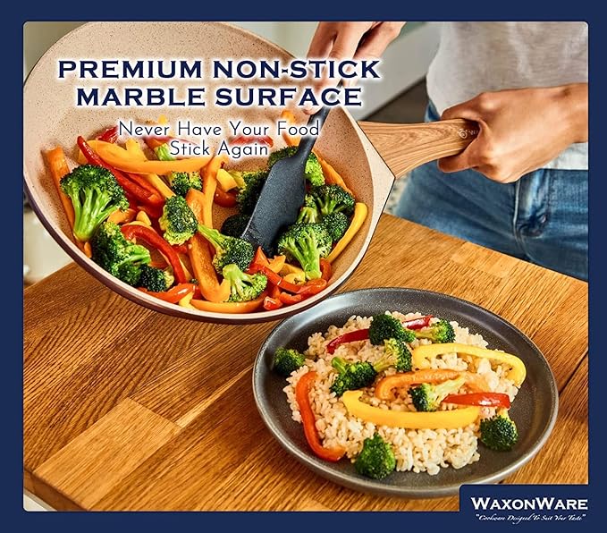Waxonware 7pc Kitchen Pots and Pans Set Non stick German Coated Kitchen Cookware Set Premium - Dishwasher Safe and 100% PFOA and PTFE Free - Induction Cooking Non Stick Pots and Pan Set - Marbellous