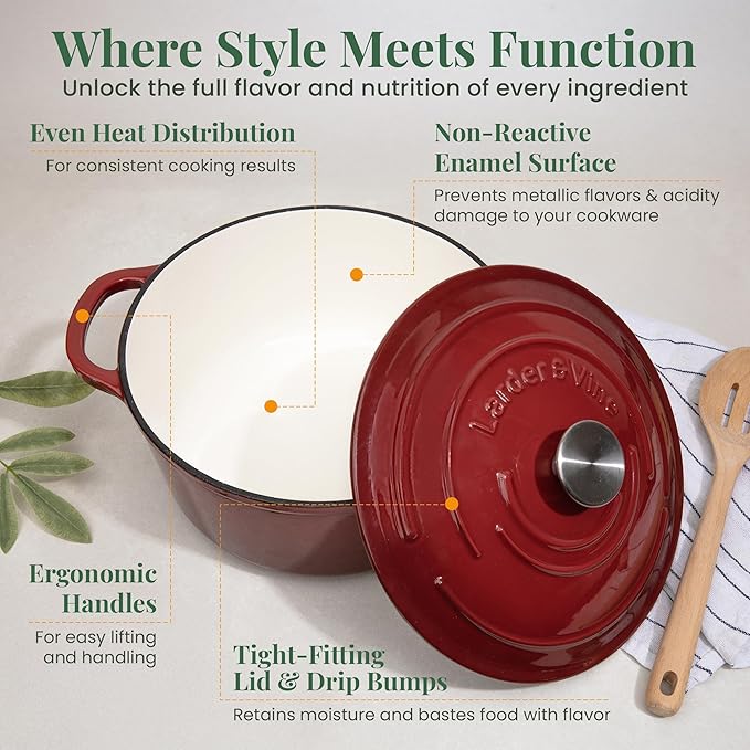 Larder &amp Vine Enameled Cast Iron Dutch Oven Pot with Lid | Bread Baking | Compatible on All Cooktops &amp Oven Safe to 500° F | Great for Sourdough Bread | Cabernet