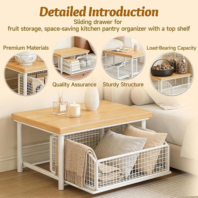 Kitchen Countertop Organizer with Drawer and Wire Basket 2-Tier Hardwood Shelf Space-Saving Storage for Microwave Coffee Maker Toaster Kitchenware (Monolayer-White)