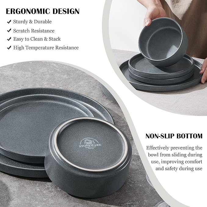 E-far Stoneware Dinnerware Sets for 4 12-Piece Reactive Glaze Plates and Bowls Sets Kitchen Ceramic Dishes Dinning Ware Microwave &amp Dishwasher Safe Deep Gray