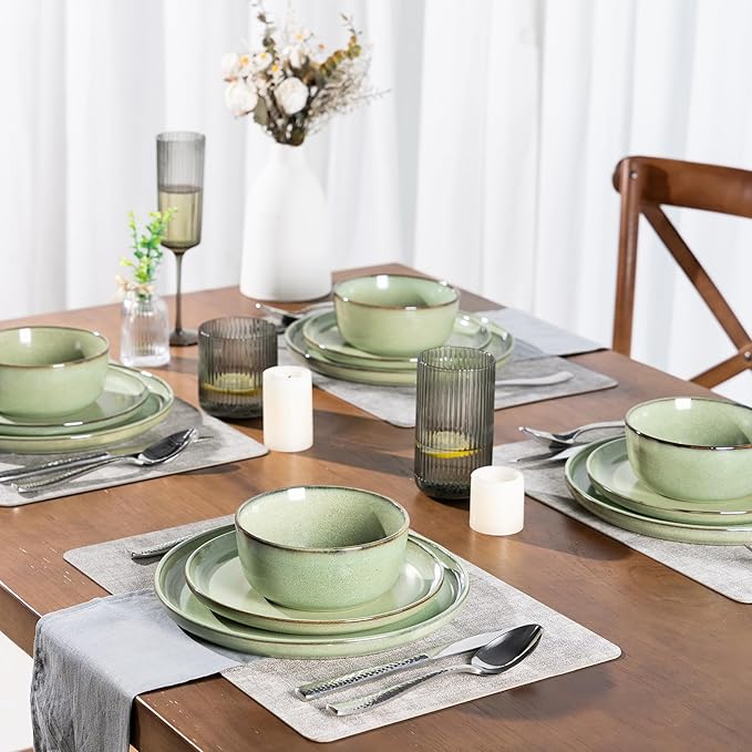 GBHOME Ceramic Dinnerware Sets for 6 18 Pieces Stoneware Plates and Bowls Sets Scratch Resistant Dishes Dishwasher &amp Microwave Safe-Pastel Green