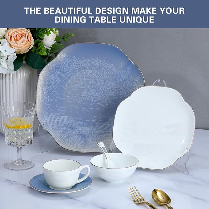 Blue 24 Piece Porcelain Dinnerware SetBone china for 4 Plates and Bowls Sets With Beautiful Pattern Highly Chip and Crack Resistant | Dishwasher Safe Dishes Set (Deep Blue + Pattern)
