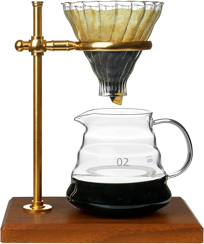 L'ÉPICÉA Pour Over Coffee Maker Set Pour Over Coffee Maker with Stand Adjustable Stainless Steel Stand Wooden Base Paper Filters Cone Glass Coffee Carafe Pour Over Coffee Dripper