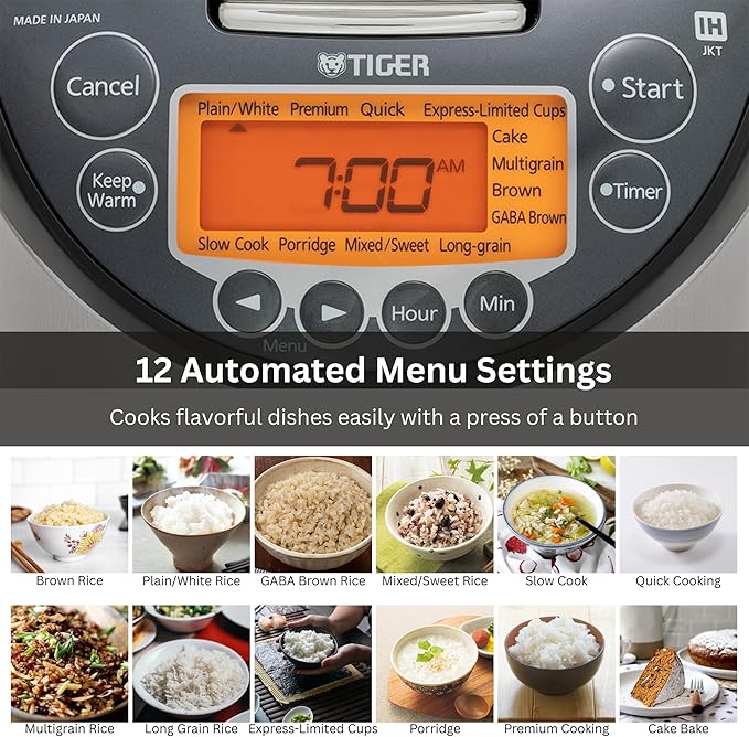 Tiger Corporation JKT-D18U 10-Cup Capacity Induction Heating Electric Rice Cooker with 12 Menu Setting 24-Hour Keep Warm Setting Spatula and Measuring Cup (Black and Stainless Steel)