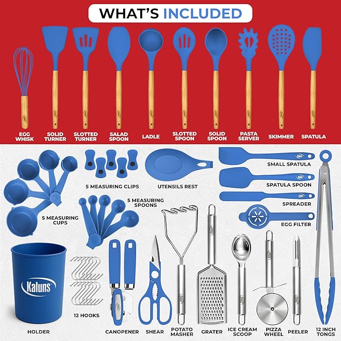 Kaluns 50 PCS Silicone Kitchen Utensils Set Complete Kitchen Set - 800°F Heat Resistant Non-Stick Premium Cooking Utensils W Wooden Handles - Can Opener Masher Turner Silicone Spatula Set