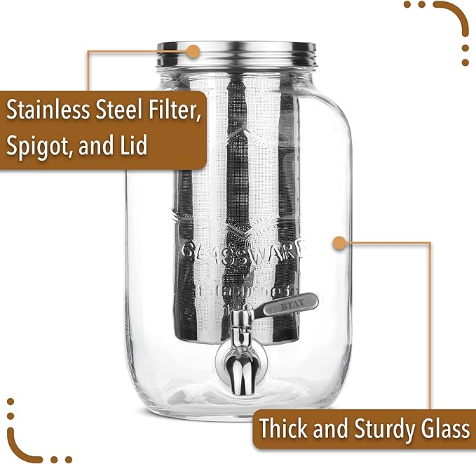 BTaT- 1 Gallon Cold Brew Coffee Maker Thick Glass Pitcher with Stainless Steel Filter Lid &amp Spigot Iced Coffee &amp Sun Tea Brewer Large Mason Jar Cold Brew Container Fast Iced Tea Maker for