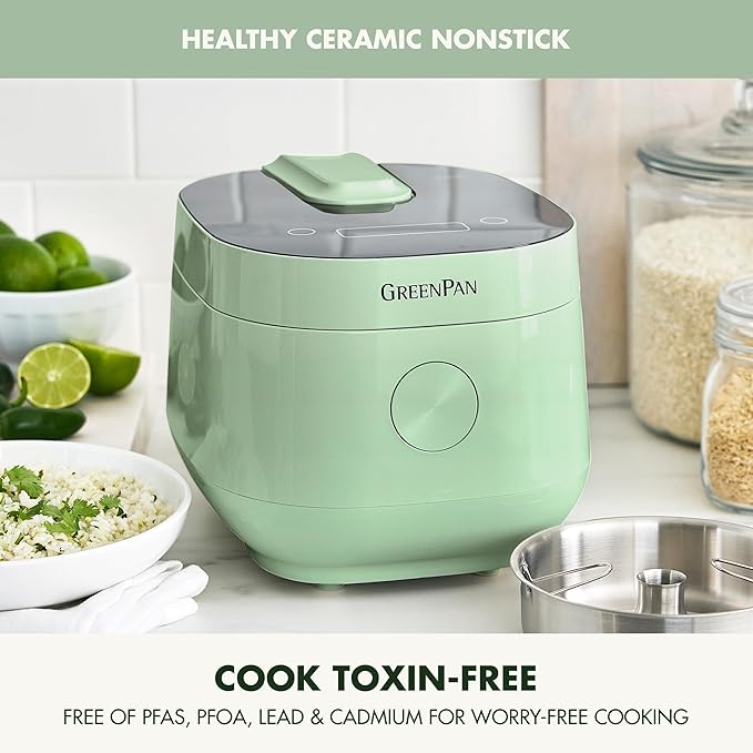 GreenPan Rice Cooker 8 Cups Cooked (4 Uncooked) Low-Carb &amp Soup Mode10 ONE-TOUCH Cooking Presets PFAS-Free Ceramic Steamer Basket Fuzzy Logic Auto Keep Warm Oats 24HR Delay Timer Mint Gre