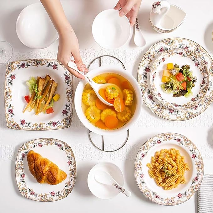 ACMLIFE Bone China Dinnerware Set for 8 24 Piece Lightweight Gold-painted Bone China Dinnerware Set Mix and Match Two Dinnerware Set