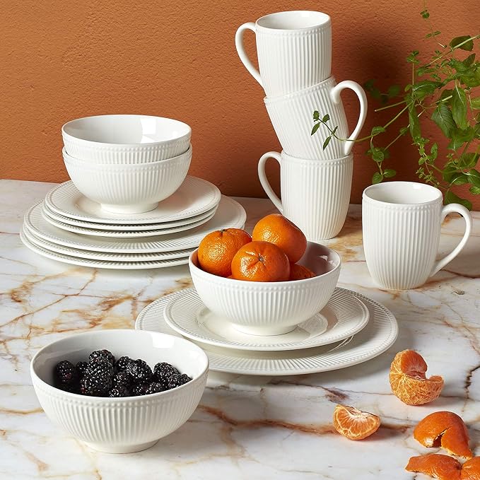 Tabletops Gallery Embossed Bone White Porcelain Round Dinnerware Collection- Chip Resistant Scratch Resistant Fleur 16 Piece Dinnerware Set (Dinner Plate Salad Plate Cereal Bowl Mug)